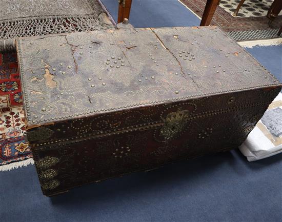 A 19th century studded leather trunk, by Morgan & Sanders (1801-20) (one handle with stamped patent mark) W.106cm